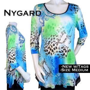 Nygard Tunic Top Medium Paisley & Animal Print Blue Green Flowy Stretch NEW